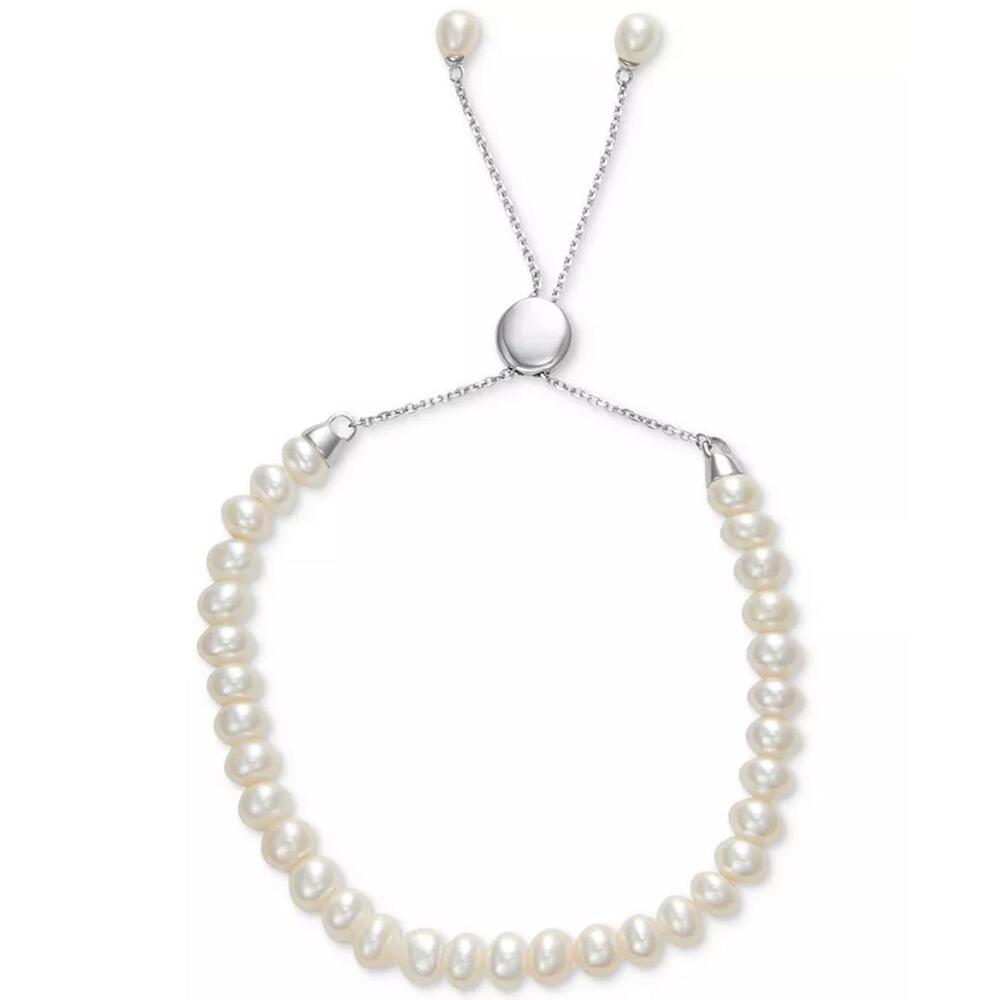 White Cultured Freshwater Pearl (6-1/2mm) Bolo Bracelet in Sterling Silver